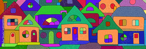 Multicolor drawing of houses. Bright vector banner.