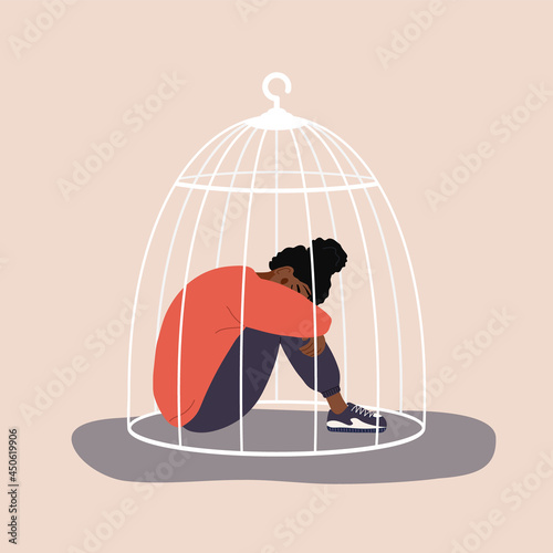 African locked in cage. Sad girl needs psychological help. Social isolation concept. Female empowerment movement. Violence in family. Vector illustration in cartoon style.