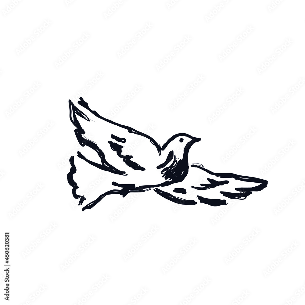 Fototapeta premium Pigeon bird logo icon sign Hand drawn ink line sketch Symbol peace on earth Flying in sky Cute design Cartoon children's style Fashion print clothes apparel greeting invitation card cover flyer poster