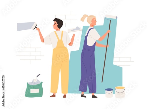 Painters dyeing wall with paint roller and brush tool. Happy workers painting building with paintbrush. People working and coloring brick. Flat vector illustration isolated on white background
