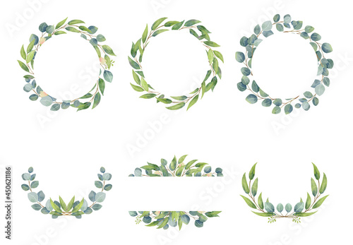 Eucalyptus branches wreaths with watercolor style. Wedding greenery in circle decorative design elements.