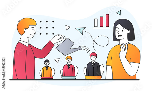 Male HR manager is watering soft pots with growing managers in them. Concept of business topics, human resources. Business workplace. Flat cartoon vector illustration