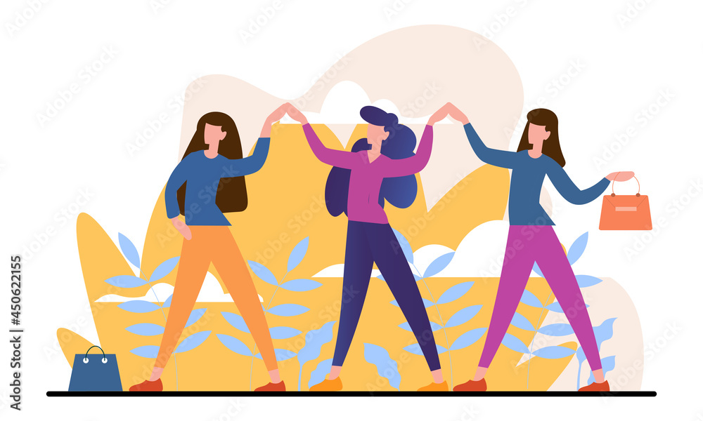Obraz premium Confident female characters standing together. Concept of strong females entrepreneurs support each other. Equitable participation of women in politics and business. Flat cartoon vector illustration
