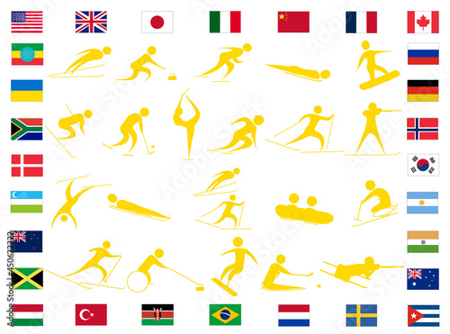 冬のスポーツアイコンセット。障がい者スポーツも含む。