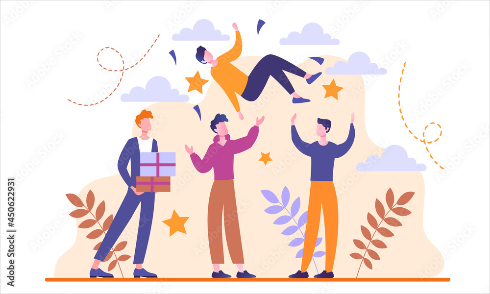 Young male characters are celebraing friends birthday together. Group of young people tossing friend up in the air with confetti flying around. Flat cartoon vector illustration