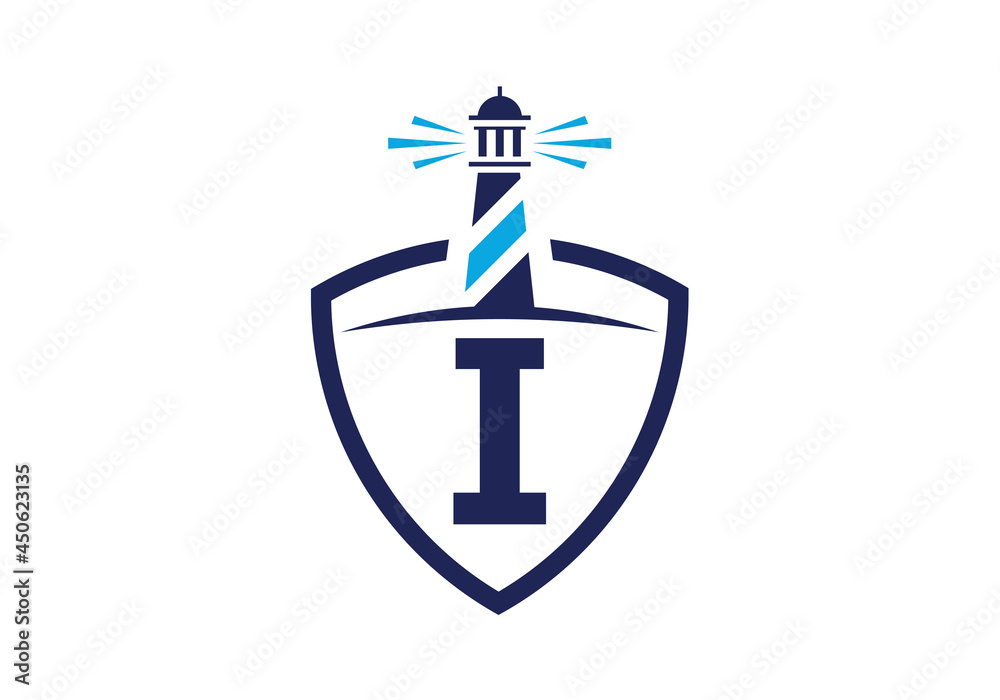 Initial I monogram alphabet in a shield with the lighthouse. Harbor logo. Font emblem. Modern vector lighthouse logo for business, organization, or website Initial I monogram alphabet in a shield with the lighthouse. Harbor logo. Font emblem. Modern vector lighthouse logo for business, organization, or website