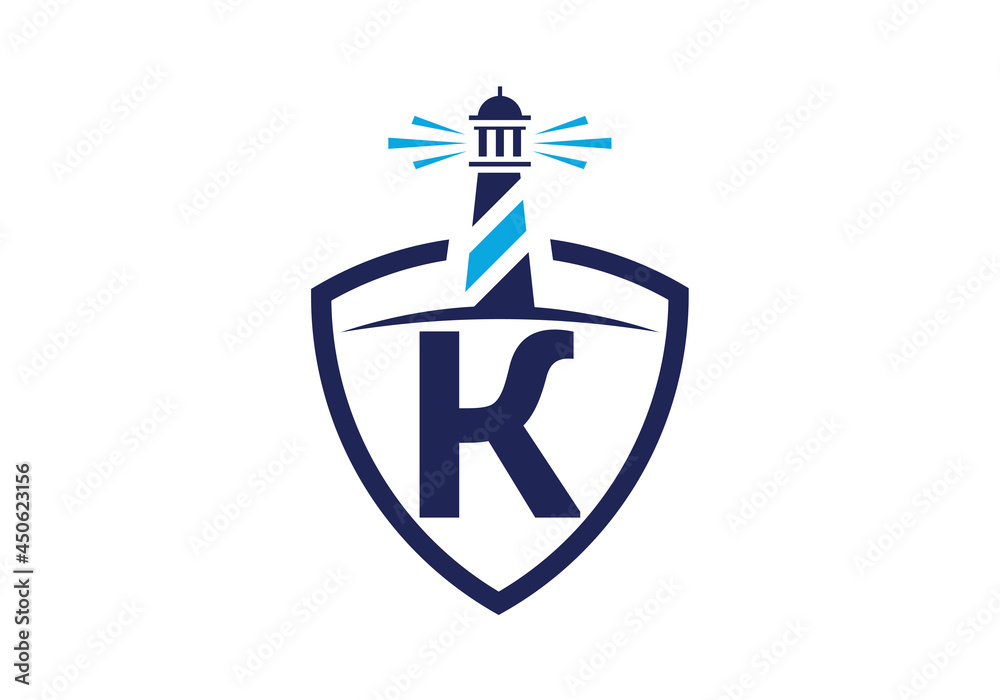 Initial K monogram alphabet in a shield with the lighthouse. Harbor logo. Font emblem. Modern vector lighthouse logo for business, organization, or website