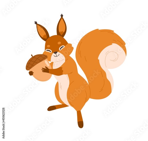 Cute happy squirrel with smiling joyful face, holding acorn nut and hugging i...