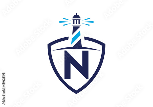 Initial N monogram alphabet in a shield with the lighthouse. Harbor logo. Font emblem. Modern vector lighthouse logo for business, organization, or website