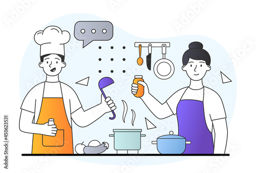 Happy male and female characters in apron are mixing ingredients to make a meal together. Smiling people cooking dessert at kitchen table on white background. Flat cartoon vector illustration