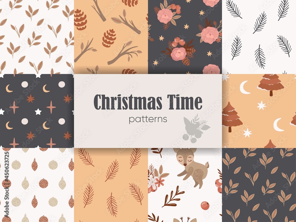 Collection of Christmas seamless patterns. Winter vector pattern with holly berries, deer, leaves, balls, twigs. Winter and Holiday elements. Wrap for gifts. Boho and vintage style.
