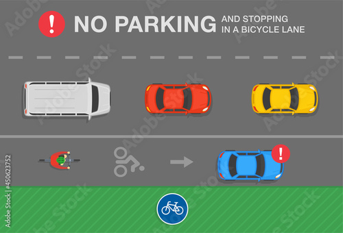 Parked car. Traffic or road rule. No parking and stopping in a bicycle lane warning design. Flat vector illustration template.