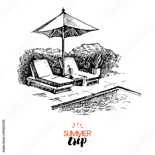 Hand drawn vintage family vacation banner. Sketch retro summer trip vector illustration
