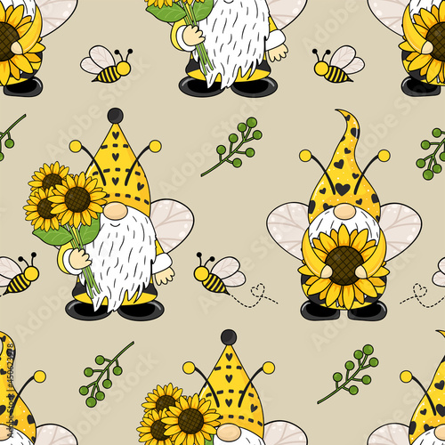 Seamless pattern with gnomes, bees and sunflowers. Cute baby print. Seamless pattern with gnomes.