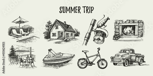 Hand drawn vintage family vacation set. Sketch retro summer trip vector illustration