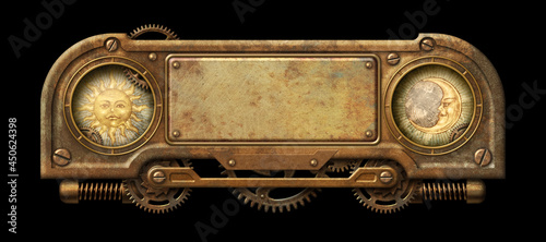 Steampunk aged metal banner with vintage sun and moon