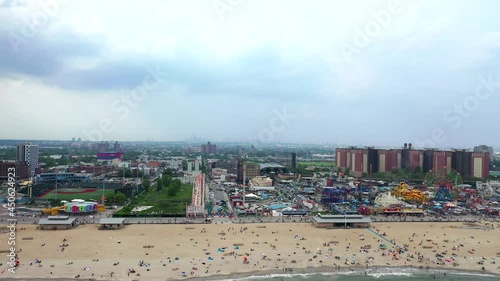 Scenic Aerial Pull Back Shot of Coney Island and Coney Island Beach