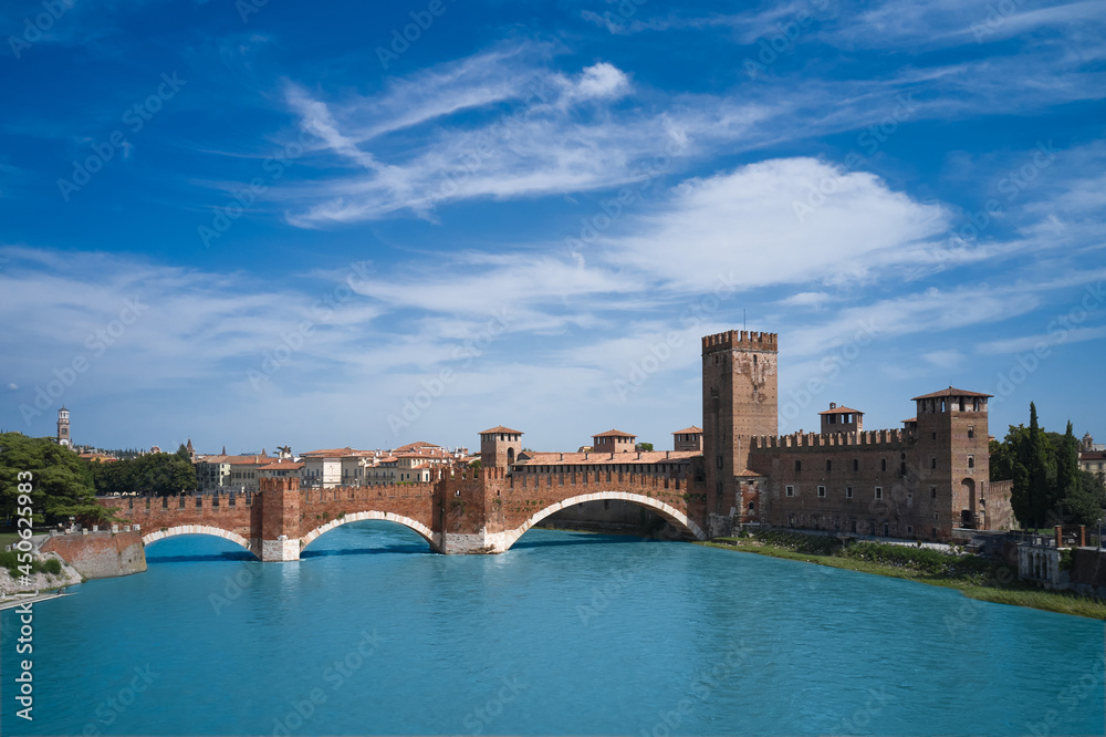 Panorama of the Ponte di Castelvecchio bridge. Bridge over the Adige river in Verona. Verona in the region of Venice, Italy. Historic Castelvecchio Bridge, Ponte di Castelvecchio in Verona Italy.
