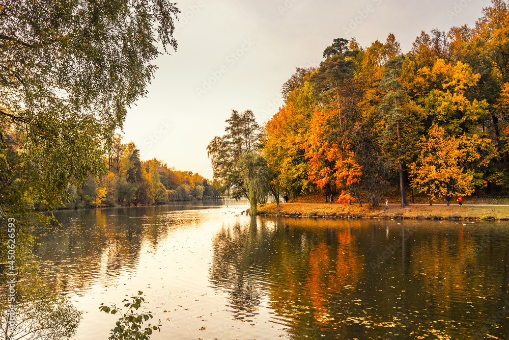 View of pond in Tsaritsyno park on autumn day. Moscow