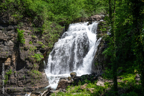 Zolotonosets Waterfall in the Republic of Abkhazia. A clear sunny day on May 20  2021
