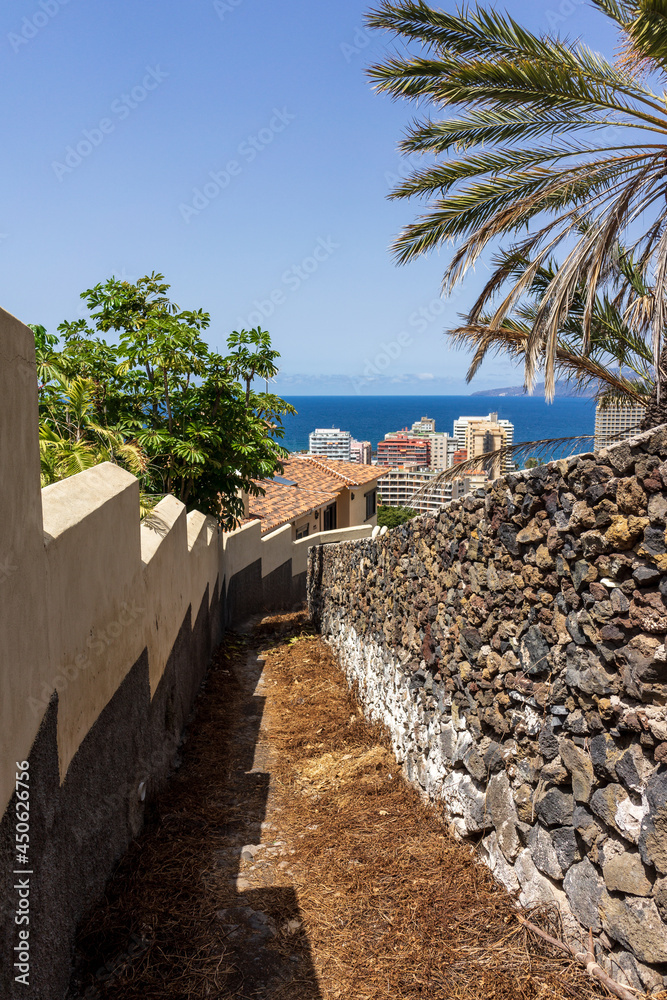A narrow street in the tourist town of Puerto de la Cruz, Tenerife, Canary Islands, Spain.