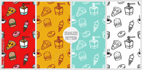 illustration of repeat pattern seamless concept of cute hand drawn food icons contain of slice of pizza, burger, ice cream, doughnut, noodle, and cup of coffee. Vector.