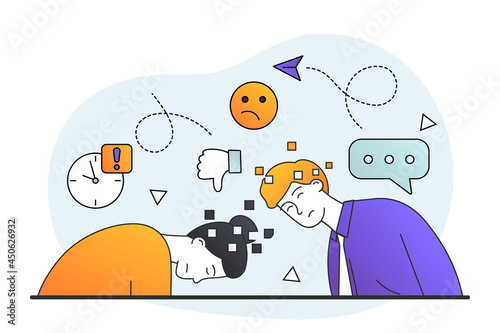 Male and female characters suffering from memory loss and dementia, brain damage. Man and woman losing parts of head as symbol of reduced function of brain and mind. Flat cartoon vector illustration