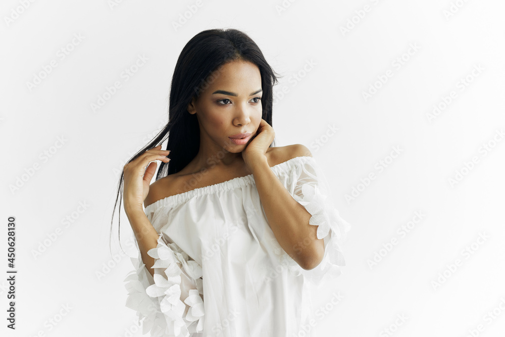 brunette model appearance in white dress posing brunette model appearance in white dress posing