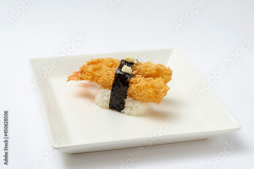 fried prawn sushi on a plate