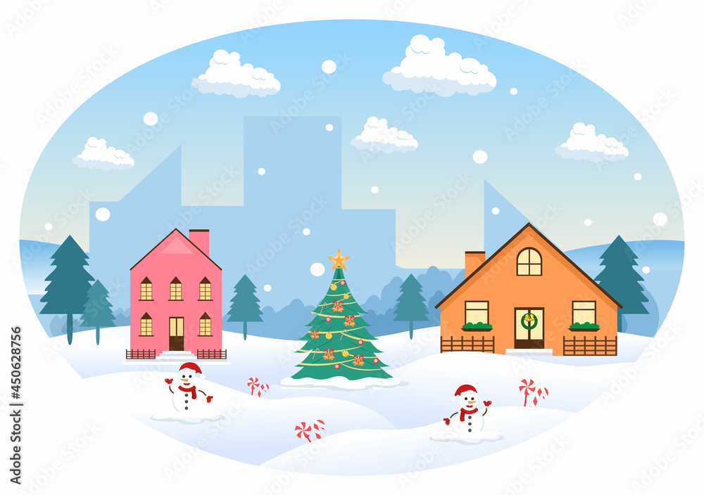 Winter Landscape With House Background, Panorama Snowfall, Town, Trees Or Mountain Silhouette. Christmas and Happy New Year Vector Illustration