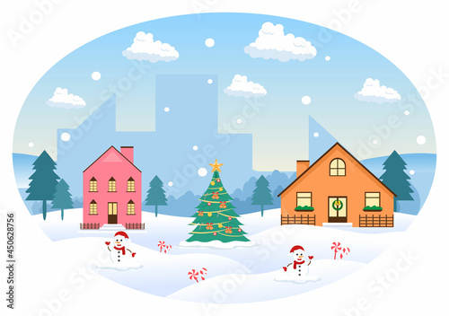Winter Landscape With House Background, Panorama Snowfall, Town, Trees Or Mountain Silhouette. Christmas and Happy New Year Vector Illustration © denayune