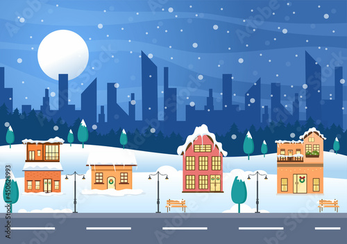 Winter Landscape With House Background, Panorama Snowfall, Town, Trees Or Mountain Silhouette. Christmas and Happy New Year Vector Illustration