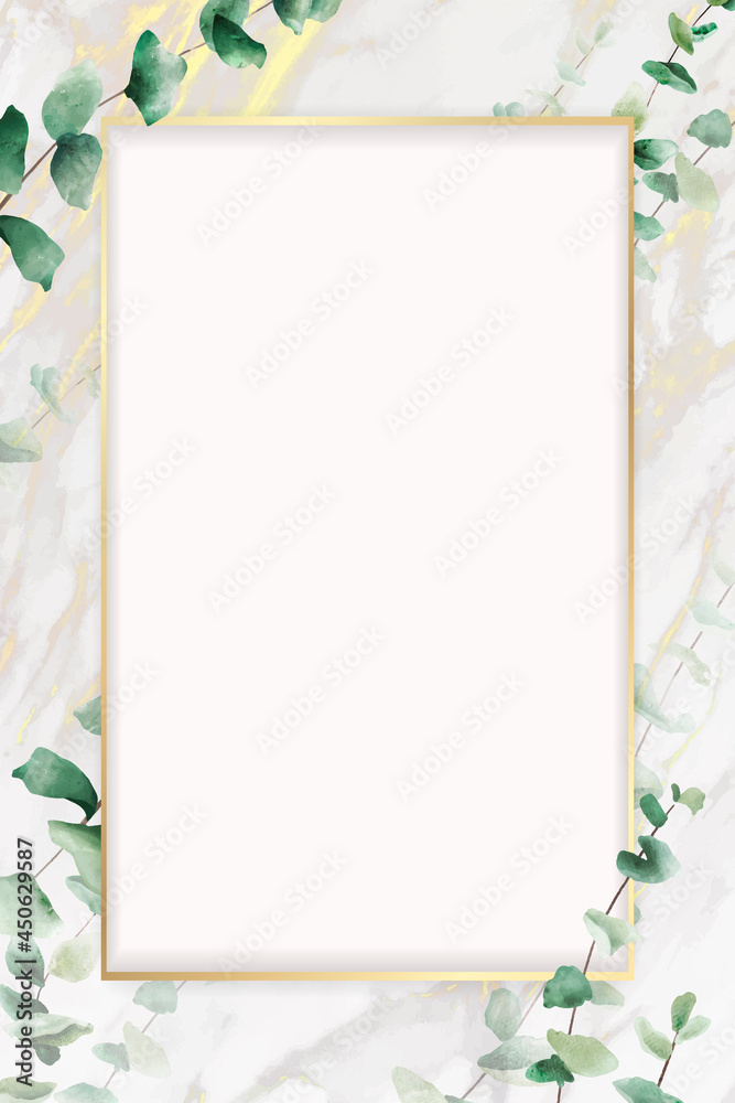Hand drawn eucalyptus leaf with rectangle gold frame template vector
