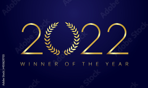 2022 A Happy New Year, Merry Christmas greetings with palms framed. Luxury premium isolated golden round awards sign 2022. 20th, 22nd anniversary retro numbers. Branches template on dark background.