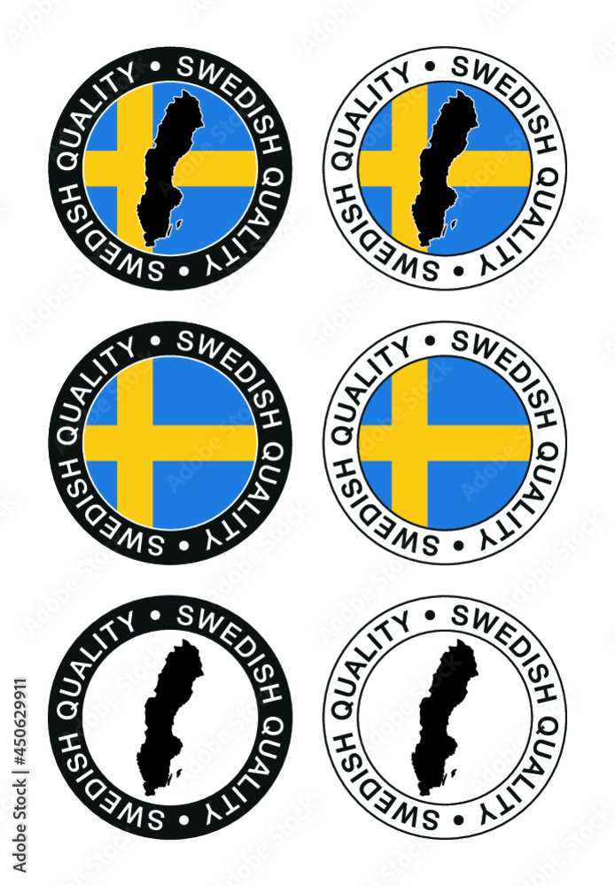 Set of labels, stamps, badges, with the Swedish map and flag. Swedish quality. Set of labels, stamps, badges, with the Swedish map and flag. Swedish quality.