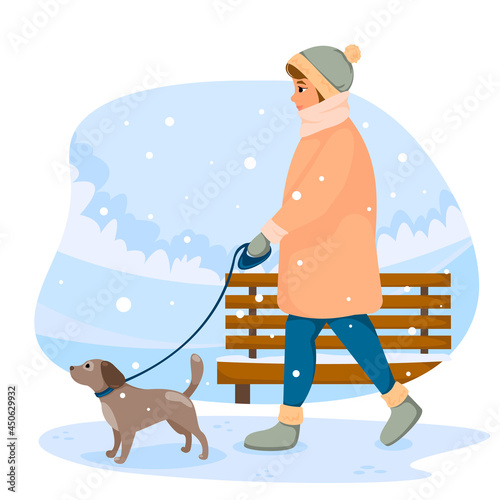 Girl walking with dog on leash in winter park. Vector illustration.