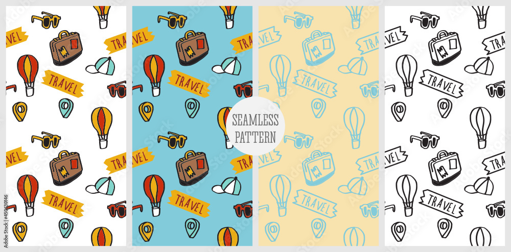 illustration of repeat pattern seamless concept of cute hand drawn traveling icons contain of travel banner, location symbol, cap, luggage, hot air balloon and sunglasses. Vector. illustration of repeat pattern seamless concept of cute hand drawn traveling icons contain of travel banner, location symbol, cap, luggage, hot air balloon and sunglasses. Vector.