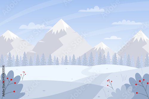 Horizontal winter, snowy landscape. Mountains, snow path, snowdrifts, fir trees, snow-covered bushes. Color vector illustration. Nature background with empty space for text