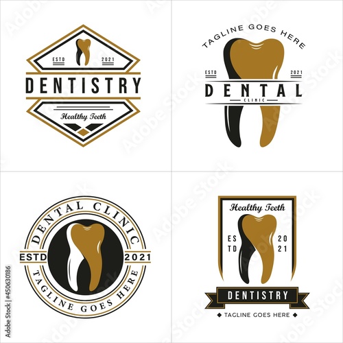 Set of Retro Vintage Style for Dentist Logo Design. With teeth icons in gold, black and white colors. Premium and Luxury Logo Template