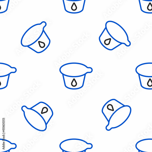 Line Yogurt container icon isolated seamless pattern on white background. Yogurt in plastic cup. Colorful outline concept. Vector