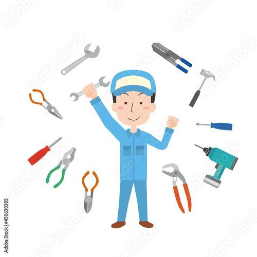 いろいろな工具と作業者