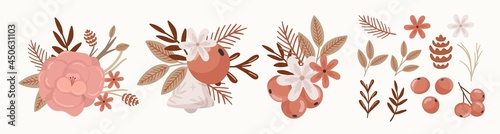 Christmas collection of hand drawn floral arrangements with evergreen, cone, succulents, flowers, leaves, berries. vector design. Botanical vector christmas illustration.