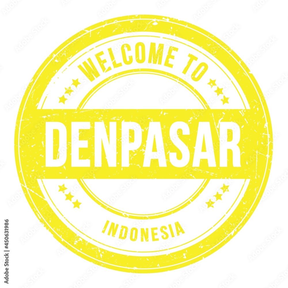 WELCOME TO DENPASAR - INDONESIA, words written on yellow stamp WELCOME TO DENPASAR - INDONESIA, words written on yellow stamp