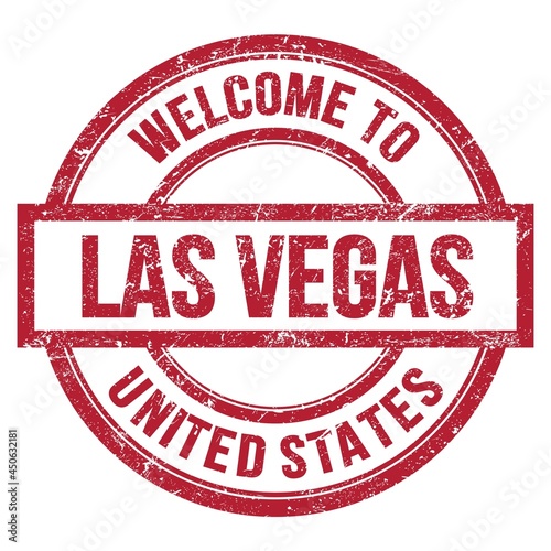 Photography WELCOME TO LAS VEGAS - UNITED STATES, words written on red stamp