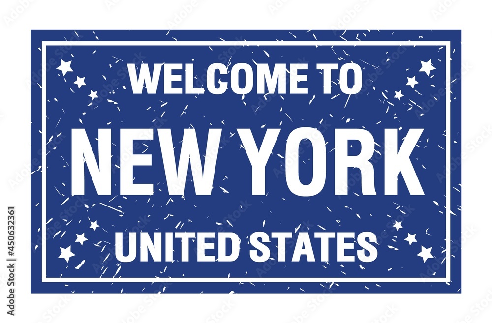WELCOME TO NEW YORK - UNITED STATES, words written on light blue rectangle stamp