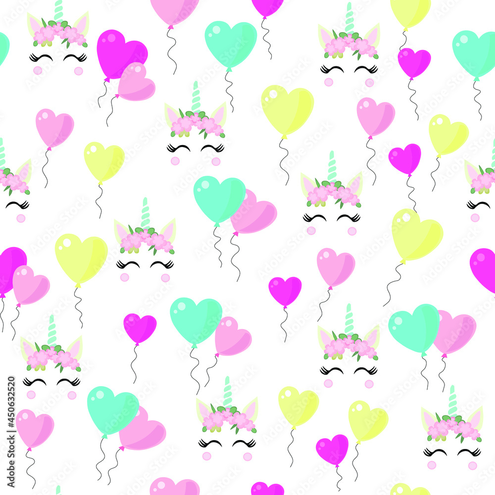 vector pattern design with cute unicorn and colorful balloons