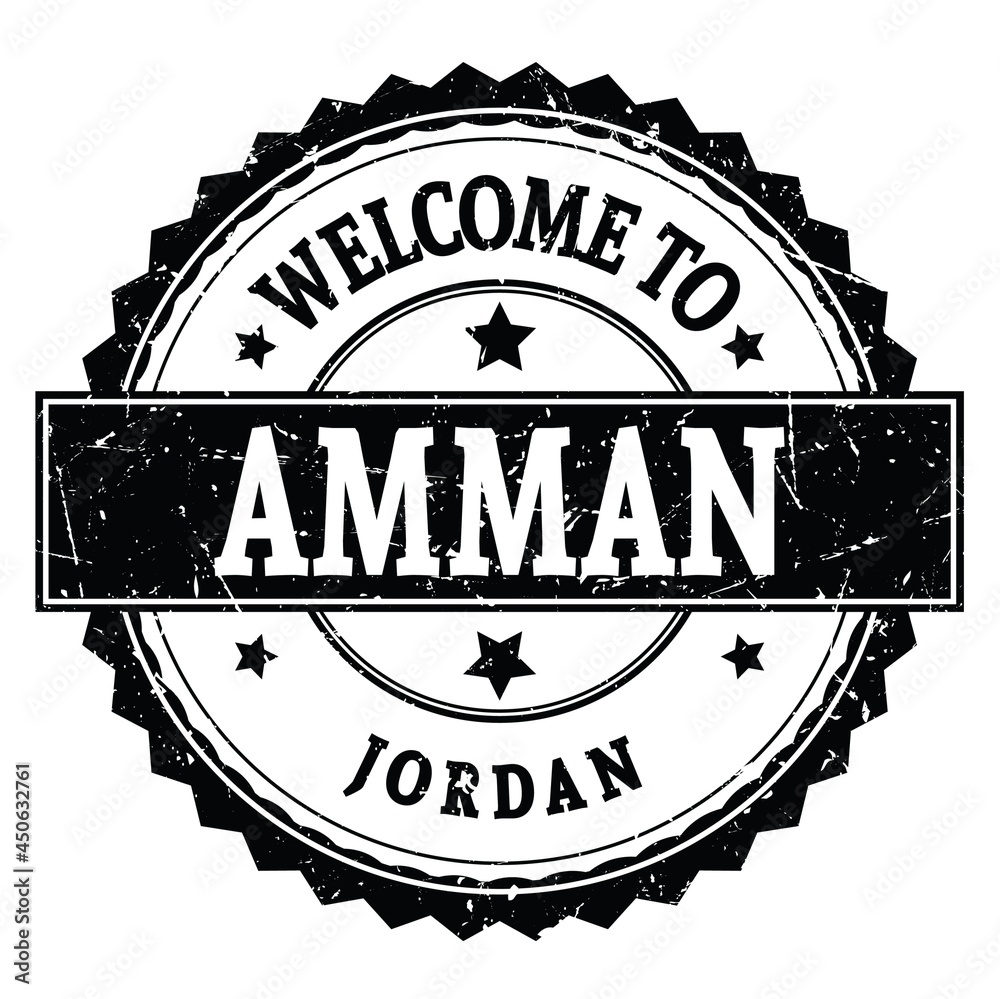 WELCOME TO AMMAN - JORDAN, words written on black stamp WELCOME TO AMMAN - JORDAN, words written on black stamp