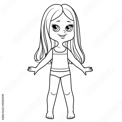 Cute cartoon girl dressed in underwear and barefoot with long straight hair outline for coloring on a white background