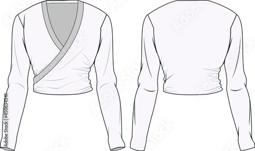Woman Long Sleeve Crossover Crop Top front and back view fashion illustrator vector templates, flat drawing.