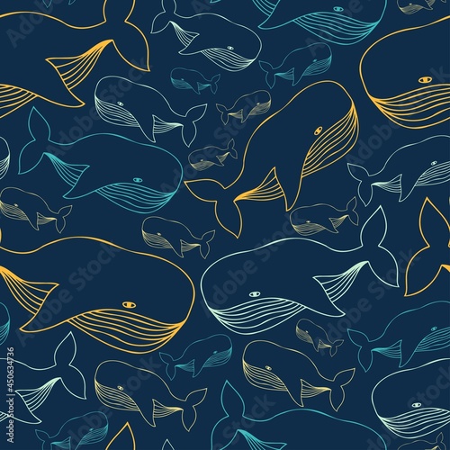 Vector seamless colorful lined illustration pattern of decorative cartoon whale on dark blue